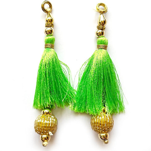 Parrot Green Silk Hanging Tassels with Golden Cutdana Beads for Saree Pallu, Blouse, Lehenga, Dupatta, DIY Art & Craft Decoration | Pack of 10 | Craft Shop India