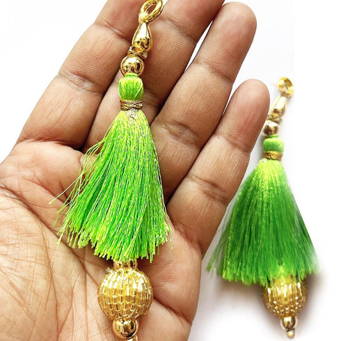 Parrot Green Silk Hanging Tassels with Golden Cutdana Beads for Saree Pallu, Blouse, Lehenga, Dupatta, DIY Art & Craft Decoration | Pack of 10 | Craft Shop India