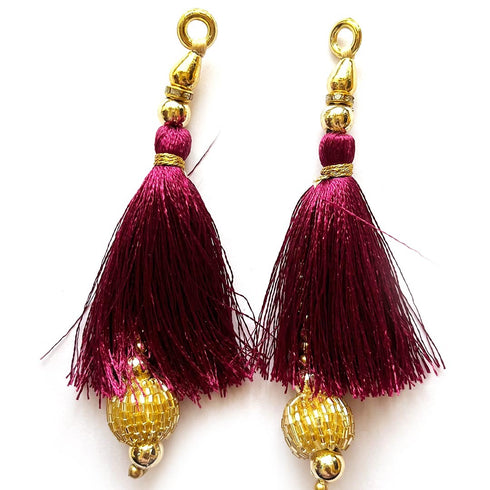 Wine / Burgundy Silk Hanging Tassels with Golden Cutdana Beads for Saree Pallu, Blouse, Lehenga, Dupatta, DIY Art & Craft Decoration | Pack of 10 | Craft Shop India