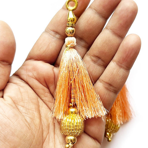Peach Silk Hanging Tassels with Golden Cutdana Beads for Saree Pallu, Blouse, Lehenga, Dupatta, DIY Art & Craft Decoration | Pack of 10 | Craft Shop India