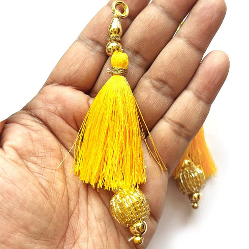 Yellow Silk Hanging Tassels with Golden Cutdana Beads for Saree Pallu, Blouse, Lehenga, Dupatta, DIY Art & Craft Decoration | Pack of 10 | Craft Shop India