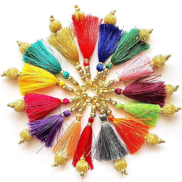 Multicolor Silk Hanging Tassels with Golden Cutdana Beads for Saree Pallu, Blouse, Lehenga, Dupatta, DIY Art & Craft Decoration | Pack of 10 | Craft Shop India