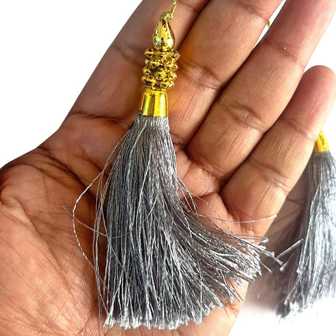 Grey Silk Thread Tassel Latkan with Golden Bead Cluster for Suit, Kurti, Gown, Saree, Blouse, Dupatta, Lehenga, Jewelry Making & DIY Art & Craft | Pack of 10 | Craft Shop India