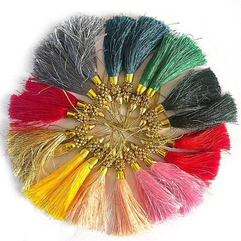 Multicolor Silk Thread Tassel Latkan with Golden Bead Cluster for Suit, Kurti, Gown, Saree, Blouse, Dupatta, Lehenga, Jewelry Making & DIY Art & Craft | Pack of 10 | Craft Shop India