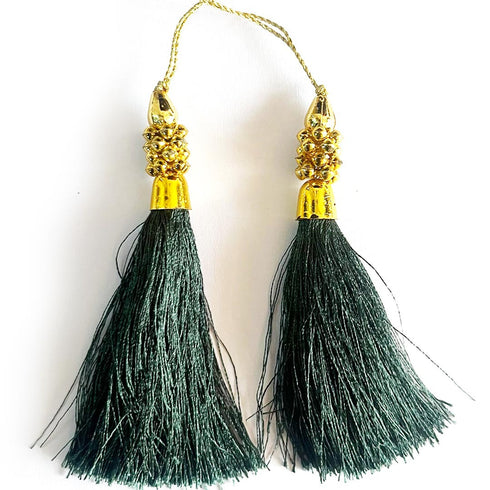 Dark Green Silk Thread Tassel Latkan with Golden Bead Cluster for Suit, Kurti, Gown, Saree, Blouse, Dupatta, Lehenga, Jewelry Making & DIY Art & Craft | Pack of 10 | Craft Shop India