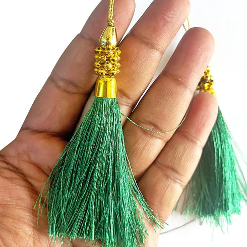 Bottle Green Silk Thread Tassel Latkan with Golden Bead Cluster for Suit, Kurti, Gown, Saree, Blouse, Dupatta, Lehenga, Jewelry & DIY Art & Craft | Pack of 10 | Craft Shop India