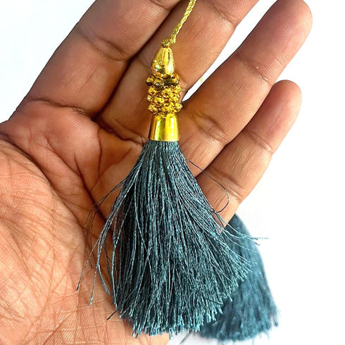 Teal Green Silk Thread Tassel Latkan with Golden Bead Cluster for Suit, Kurti, Gown, Saree, Blouse, Dupatta, Lehenga, Jewelry Making & DIY Art & Craft | Pack of 10 | Craft Shop India