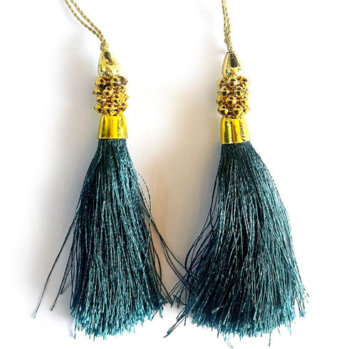 Teal Green Silk Thread Tassel Latkan with Golden Bead Cluster for Suit, Kurti, Gown, Saree, Blouse, Dupatta, Lehenga, Jewelry Making & DIY Art & Craft | Pack of 10 | Craft Shop India