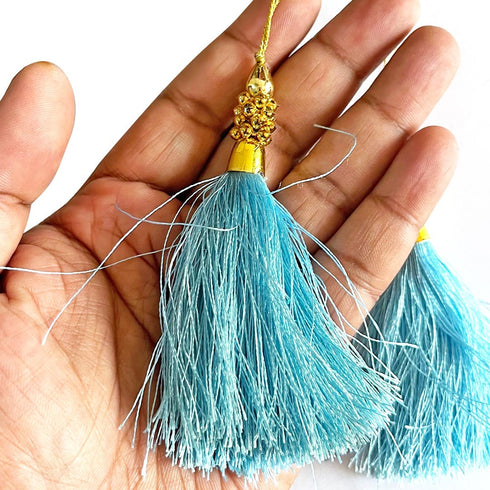 Sky Blue Silk Thread Tassel Latkan with Golden Bead Cluster for Suit, Kurti, Gown, Saree, Blouse, Dupatta, Lehenga, Jewelry Making & DIY Art & Craft | Pack of 10 | Craft Shop India