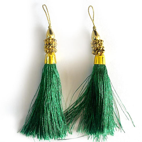 Bottle Green Silk Thread Tassel Latkan with Golden Bead Cluster for Suit, Kurti, Gown, Saree, Blouse, Dupatta, Lehenga, Jewelry & DIY Art & Craft | Pack of 10 | Craft Shop India