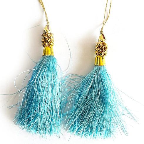 Sky Blue Silk Thread Tassel Latkan with Golden Bead Cluster for Suit, Kurti, Gown, Saree, Blouse, Dupatta, Lehenga, Jewelry Making & DIY Art & Craft | Pack of 10 | Craft Shop India
