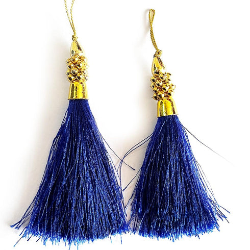 Royal Blue Silk Thread Tassel Latkan with Golden Bead Cluster for Suit, Kurti, Gown, Saree, Blouse, Dupatta, Lehenga, Jewelry & DIY Art & Craft | Pack of 10 | Craft Shop India