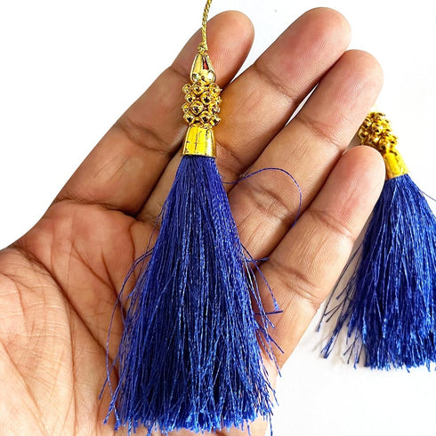 Royal Blue Silk Thread Tassel Latkan with Golden Bead Cluster for Suit, Kurti, Gown, Saree, Blouse, Dupatta, Lehenga, Jewelry & DIY Art & Craft | Pack of 10 | Craft Shop India
