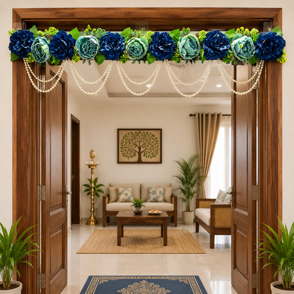 Navy Blue & Sage Green Floral Pearl Swag Toran for Main Door & Mandir | Handmade Decorative Bandhanwar for Home Entrance & Festive Décor | 40 Inch | Craft Shop India