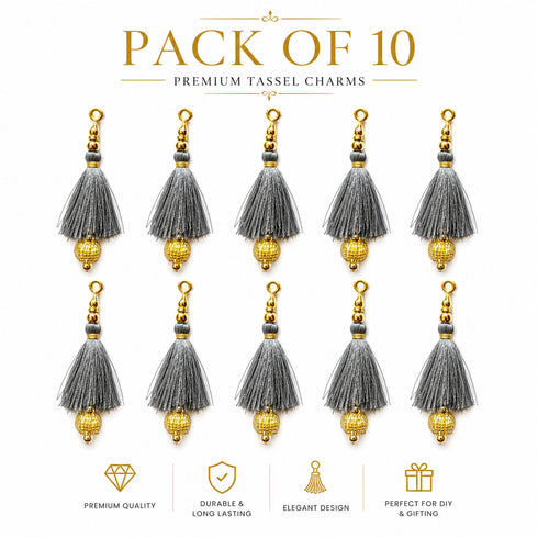 Grey Silk Hanging Tassels with Golden Cutdana Beads for Saree Pallu, Blouse, Lehenga, Dupatta, DIY Art & Craft Decoration | Pack of 10 | Craft Shop India