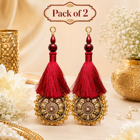 Maroon Mirror Work Round Latkan Tassel Set of 2 for Saree Pallu, Blouse, Dupatta & Lehenga | Craft Shop India