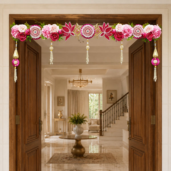 Rani Pink Lotus Floral Toran with Hanging Latkans for Door Decoration | Handmade Bandhanwar for Main Door, Mandir & Festive Décor | 40 Inch | Craft Shop India