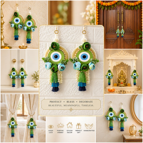 Green Handmade Floral Evil Eye Door Hanging Pair with Pearl Beads & Tassels | Home Decor | Craft Shop India