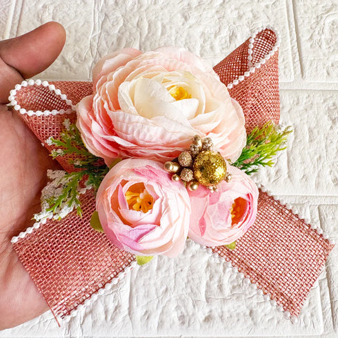 3 Peonies Flower Beaded Jute Bow Bunch pack of 4 for Trousseau, Gift Packing & Festive Decor | Craft Shop India