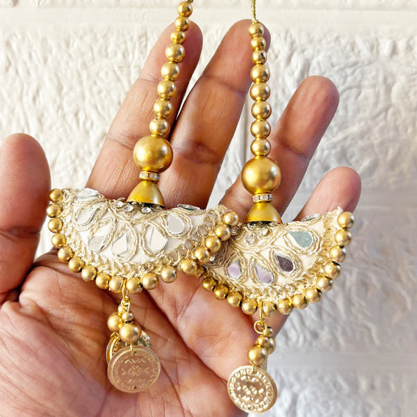 Golden Mirror Work Semi Circle Latkan with Coin Hanging Pair for Blouse, Lehenga & Dupatta Design 4 | Craft Shop India