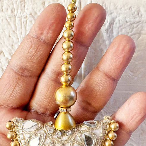 Golden Mirror Work Semi Circle Latkan with Coin Hanging Pair for Blouse, Lehenga & Dupatta Design 4 | Craft Shop India