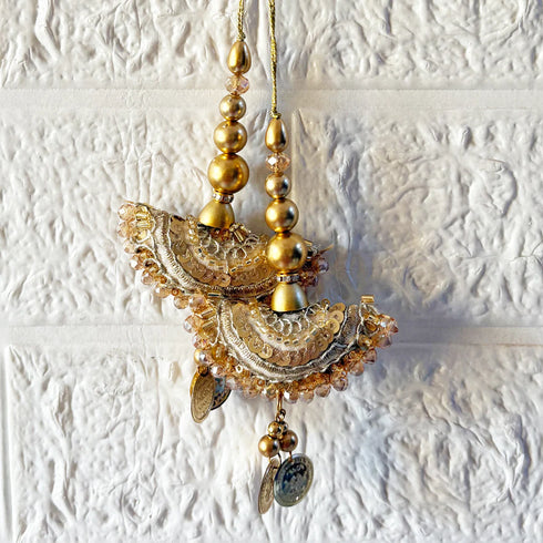 Golden Sequence Work Semi Circle Latkan with Coin Hanging Pair for Blouse, Lehenga & Dupatta | Craft Shop India