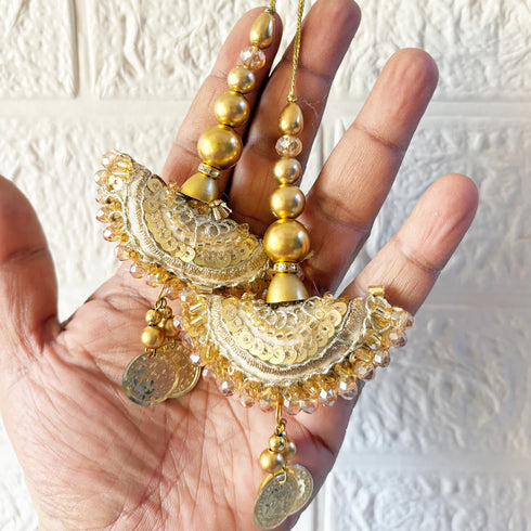 Golden Sequence Work Semi Circle Latkan with Coin Hanging Pair for Blouse, Lehenga & Dupatta | Craft Shop India