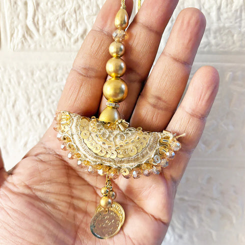 Golden Sequence Work Semi Circle Latkan with Coin Hanging Pair for Blouse, Lehenga & Dupatta | Craft Shop India