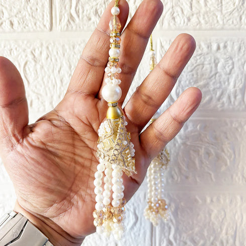 Handcrafted Ethnic Style Latkan Pair for Blouse, Lehenga & Craft Décor – Golden & White