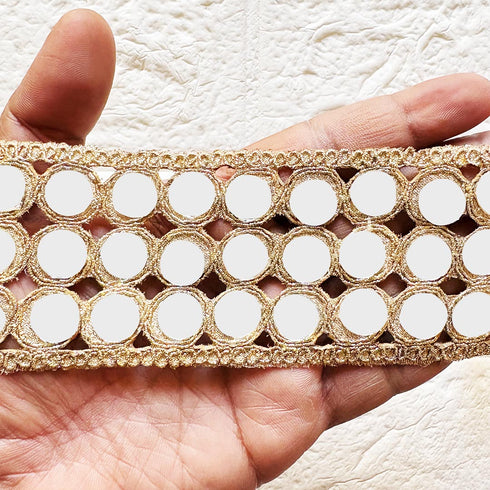 Fancy Golden Lace with Round Mirror Embellishment for Dupatta, Saree, Suit & Lehenga | Craft Shop India