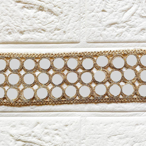 Fancy Golden Lace with Round Mirror Embellishment for Dupatta, Saree, Suit & Lehenga | Craft Shop India