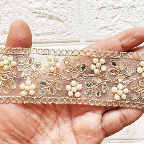 Premium Golden Lace With Mirror And Pearl Detailing for Dupatta, Saree, Suit & Lehenga | Craft Shop India