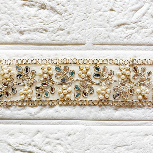 Premium Golden Lace With Mirror And Pearl Detailing for Dupatta, Saree, Suit & Lehenga | Craft Shop India