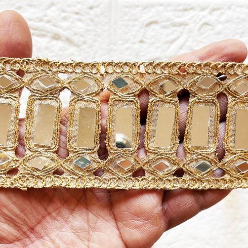 Fancy Golden Lace with Rectangle Mirror Embellishment for Dupatta, Saree, Suit & Lehenga | Craft Shop India