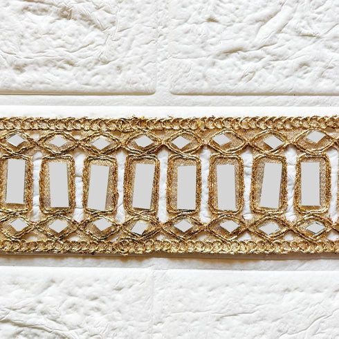 Fancy Golden Lace with Rectangle Mirror Embellishment for Dupatta, Saree, Suit & Lehenga | Craft Shop India