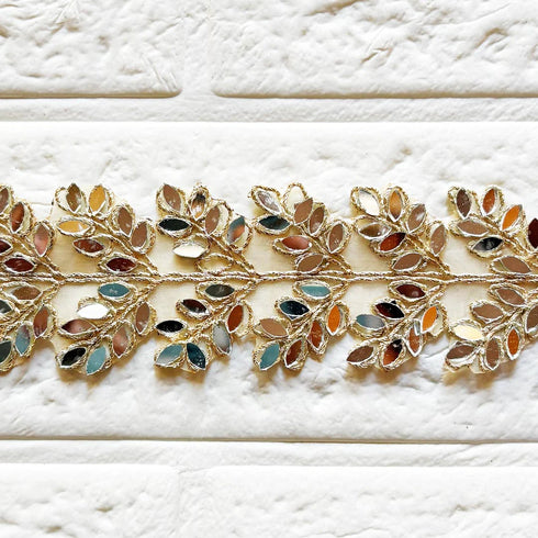 Leaf Shape Mirror Work Golden Lace for Dupatta, Saree, Suit & Lehenga | Craft Shop India