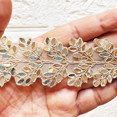 Leaf Shape Mirror Work Golden Lace for Dupatta, Saree, Suit & Lehenga | Craft Shop India