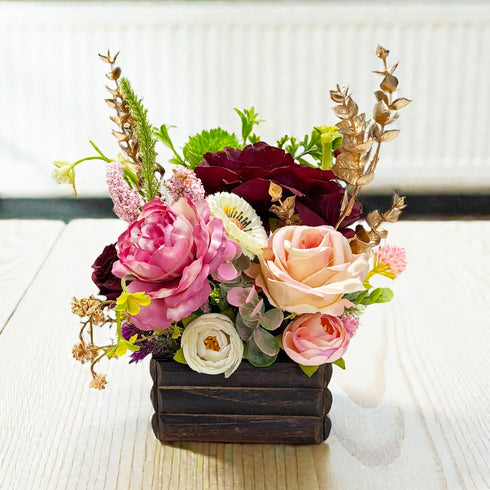 Maroon Pink Decorative Multi Floral Wooden Pot Centerpiece for Wedding & Home Décor | Craft Shop India