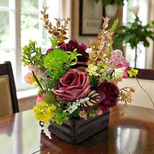 Maroon Pink Decorative Multi Floral Wooden Pot Centerpiece for Wedding & Home Décor | Craft Shop India