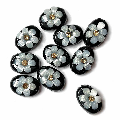Black Color Buttons | White Flower Buttons | Oval Shape Buttons | jarkan Oval Shape Button | Set of 10 | Craft Shop India | Fancy Button | Dress Makin