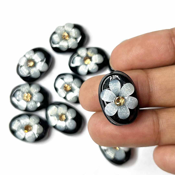 Black Color Buttons | White Flower Buttons | Oval Shape Buttons | jarkan Oval Shape Button | Set of 10 | Craft Shop India | Fancy Button | Dress Makin