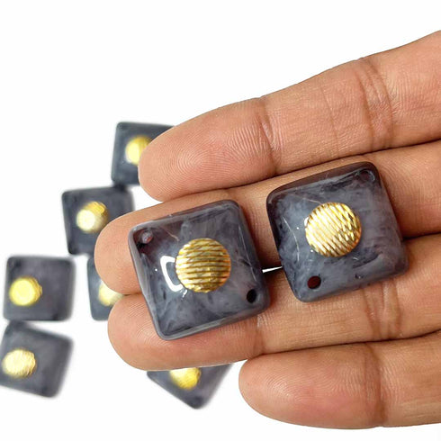 Dark Grey Color Square Shape With Golden Circle Acrylic Button Set Of 10