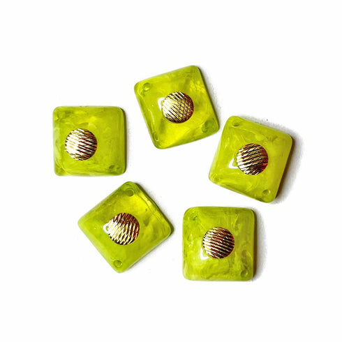 Lime Green Color Square Shape With Golden Circle Acrylic Button Set Of 10