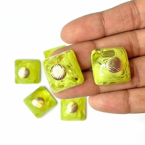 Lime Green Color Square Shape With Golden Circle Acrylic Button Set Of 10