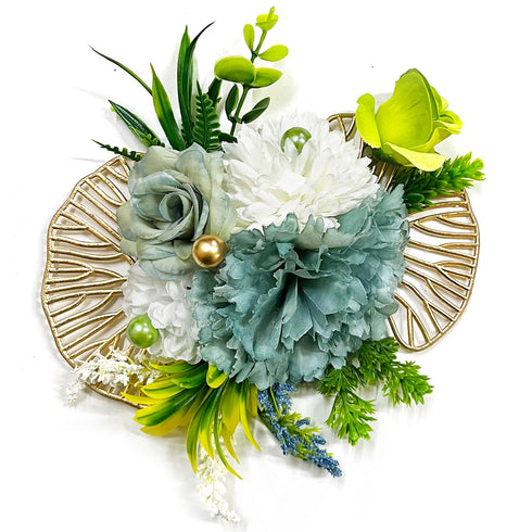 Pale Blue & White Flower with Gold Ginkgo Leaf Bunch Set of 2 for Trousseau & Wedding Decoration | Craft Shop India