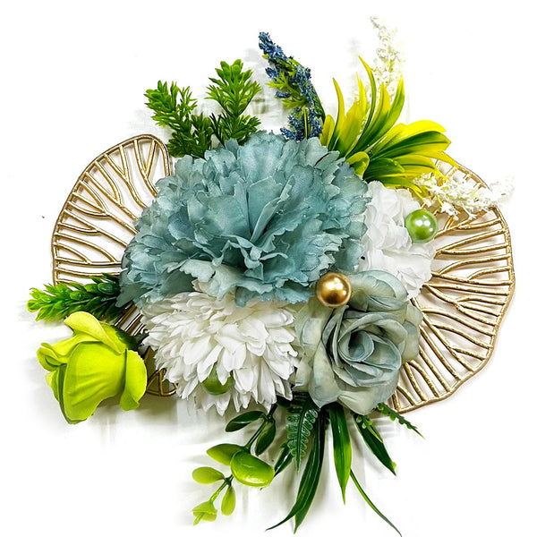 Pale Blue & White Color Combination With Gold Ginko Leaf Broad Flower Bunch Pack Of 2 for Trousseau & Gift Packaging, Wedding & Festive Decoration