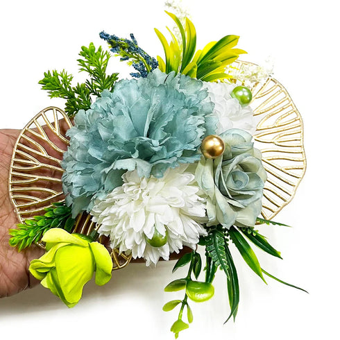 Pale Blue & White Flower with Gold Ginkgo Leaf Bunch Set of 2 for Trousseau & Wedding Decoration | Craft Shop India