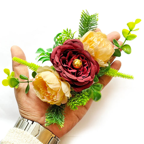 Cabbage Rose Flower with Big Peonies Leaf Bunch Set of 3 for Trousseau Packing & Festive Decoration | Craft Shop India