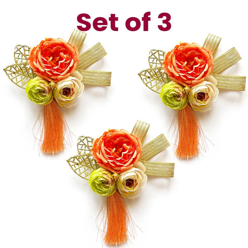Artificial Orange Cabbage Rose Peonies with Tassel Flower Bunch Set of 3 for Gift Packing & Festive Décor | Craft Shop India