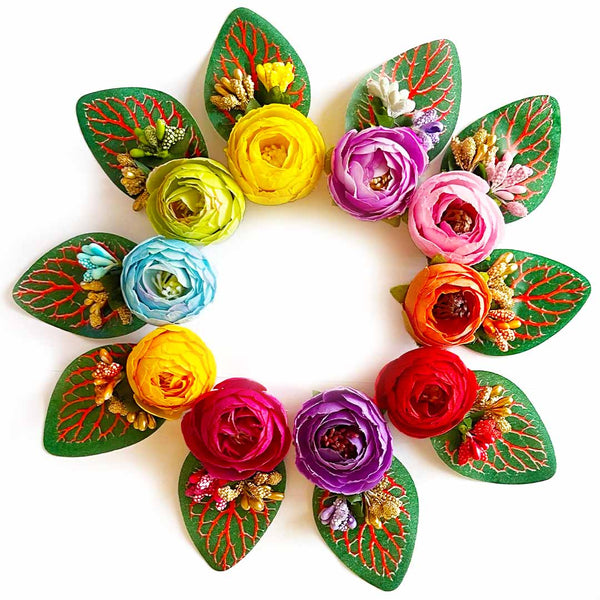 Single Peony Flower with Green Leaf Pack of 12 for Gift Hamper & Wedding Decoration | Craft Shop India